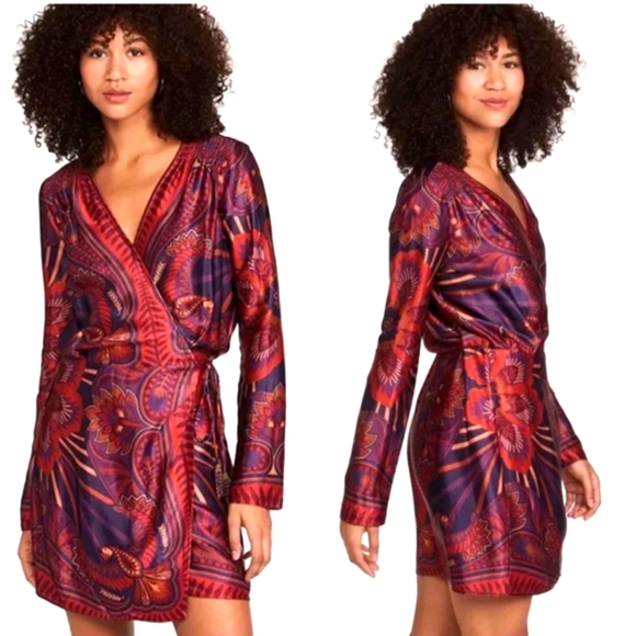 Nwt Farm Rio Macaw Arabesque Plunging V-Neck Wrap Mini Dress - Picture 1 of 14